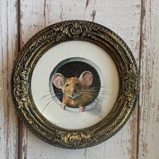 Framed Mouse Original Oil Painting: Vintage Style Animal Miniature Art, 12 cm
