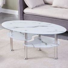 Couchtisch oval mit Marmor weiß 8mm Sicherheitsglas.