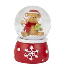 Süße Mini-Schneekugel Weihnachtsteddy auf Sockel rot weiße Schneeeflocke B: 45mm