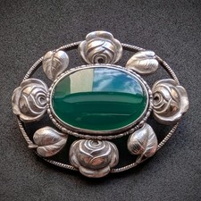 Jugendstil Brosche Silber Chrysopras Blatt Natur alt antik c. 1910