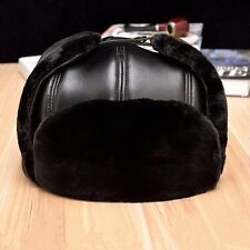 Herren Lammfell Leder Mütze Kappe Ski Trapper Russisch Uschanka Winter Warm Schwarz Neu