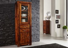 Vitrine schmal modern Wohnzimmerschrank Sheesham massiv Schrank Holz 60x180x40cm