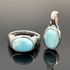 SET: ANHÄNGER & RING GR.20 (CA.63) 925/-SILBER RHOD.  MIT LARIMAR SCHMUCKJAGD