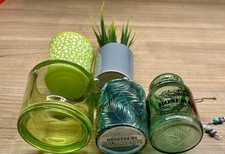 5 tlg Deko grün weiß Glas teelicht Kerze Rose Vase Palme Blume