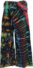 Batik Thai Fischerhose aus Baumwolle, Wickelhose, Yogahose -  schwarz/regenboge