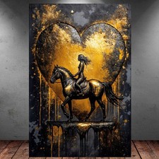 LEINWAND BILD ER XXL ABSTRAKT PFERD FRAU HERZ SCHWARZ GOLD WAND POSTER P1565
