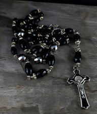 Kette Obsidian Hämatit Kreuz Rosenkranz Designer - massiv & ausgefallen