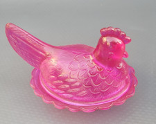 Seltene pinke Butterdose Butterhuhn Butterhenne Pressglas Art Deco  12 x 8,7 cm