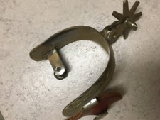 Reitsporen Paar Replika Metall verchromt, Leder braun. Passend für Schuhgröße 46