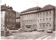 AK DDR Jena Hotel Schwarzer Bär Wartburg 311 Trabant Kombi Motorrad 1972