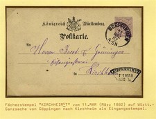 124503) Bahnpost Fächerst. Kirchheim 1882 auf Württ.-GSK als Eingangsstempel