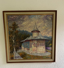 TIBERIU HRELIA Pictura Rumänien antik Gemälde Bild Das Kloster Voroneț