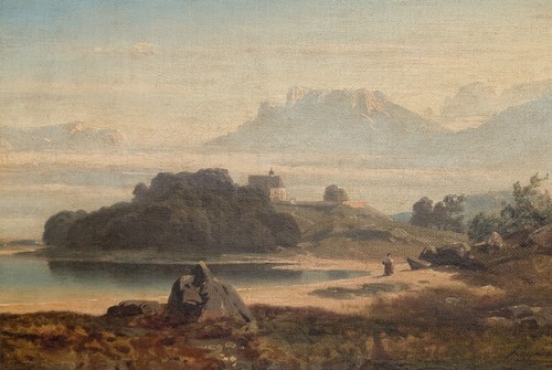 Südliche seenlandschaft öl - südliche, seenlandschaft,