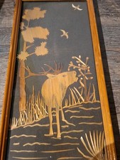 DDR Strohbild Holzkunst Kunstgewerbe Handarbeit Hirsch 33.5 cm Ostalgie(K27)