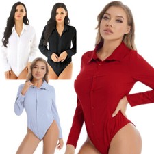 DE ranrann Damen Hemd Body Langarm Shirt Blusen Umlegekragen Bodybluse Hemdbluse