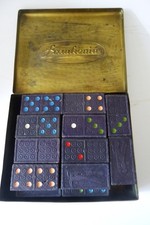 Antik Domino Dominosteine Spiel Steine Holz in Blechkiste