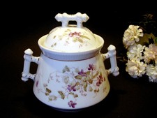 Zuckerdose +Deckel antik Porzellan c1900 Stabgriff floral Jugendstil Historismus