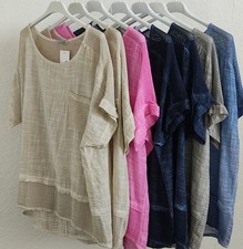 ITALY DAMEN SHIRT OVERSIZE TUNIKA NETZEINSATZ LEINEN OPTIK 5 Farben EG 40-46 NEU