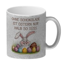 Fröhlicher Hase mit Ostereiern Glitzer-Kaffeebecher -Ostern ohne Schokolade