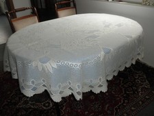 Tischdecke oval weiß Spitze Synthetik 158x210 mit blauer Unterdecke oval Baumw.
