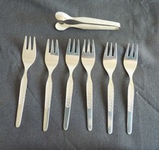 DDR Besteck   -  6 Kuchengabeln + Zuckerzange,   ABS  910  Rostfrei   18-10