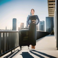 Ballkleid Damen Abendkleid Schwarz  Tunika  Spitze Motiv Elegant Lang Rundhals