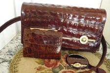 Handtasche antik + Geldbörse + Spiegel Echt Leder Rotbraun 40er