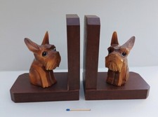 Vintage Paar Holz Buchstützen Hund Scotch Scottish Terrier / Schnauzer ? sitzend