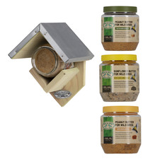 4 tlg. Set Vogelfutterhaus für Erdnussbutter Futtergläser + 3x Futter im Glas