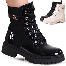 Damenschuhe Lack Stiefeletten Plateau Worker Biker Boots Combat Booties