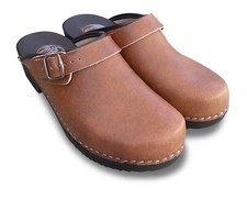 Schweden Holz-Clogs LEDER Schuhe Sandalen Pantoletten Holzschuhe Braun, 37-47