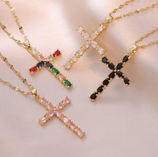 Halskette 925 Silber Gold Kette mit Kreuz Anhänger Glitzer Strass Damenkette