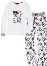 Damen Pyjama Teddy Motiv mit Herz in woll weiß 100% Baumwolle Gr 36 - 54 neu 737