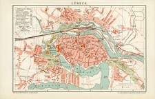 Lübeck historischer Stadtplan Deutsches Reich antike Karte Lithographie ca. 1892