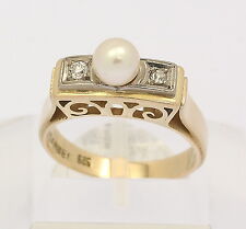 Ring in 14 kt 14k 585 er Gelb Gold mit Zuchtperle Perle Brillanten Diamant Gr 55