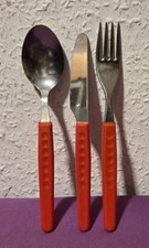 DDR KINDERBESTECK 3-tlg.  PUNKTE DELLEN ELSTAWA FORON Grifffarbe Rot OSTALGIE 