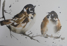 Orig.Aquarell "Spatzen-Vogel"