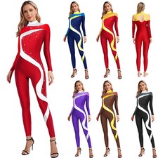DE Damen Turnanzug Ganzkörper Strass Glitzer Langarm Eiskunstlauf Body Overall