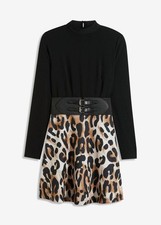 Minikleid mit Lederimitat-Gürtel Gr. 40/42 Schwarz Braun Leo Damen Kleid Neu