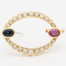31,3 mm - Ovale Brosche m. Saphir, Rubin & Diamant 0,47 ct. in Gelbgold 750/18K