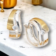 Creolen 925 Sterling Silber bicolor vergoldet mattiert 2 Zirkonia Ohrringe