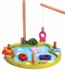  Holz Angelspiel Spielzeug 12-tlg 9 Fische 2 Angeln mit Magneten Teich ca. 25cm