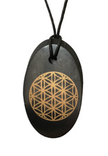 Schungit & Shungit  Anhänger Oval ca. 50 x 35 mm. mit “Blume des Lebens" poliert