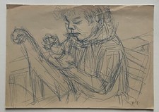 Karl Hubbuch, Skizze: Kind mit Katze, Kugelschreiber, Originalzeichnungen, monog