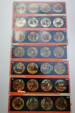 7 x Glasplatten Laterna Magica Bildergeschichten Glas Dias 7x4 farbige Bilder 