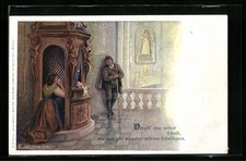 Künstler-AK E. Döcker: Frau im Beichtstuhl kniend 
