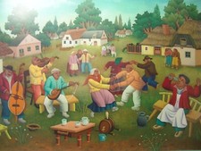 Ivan GENERALIC "Bauernfest" Lithographie  1982 signiert gerahmt Naive Malerei