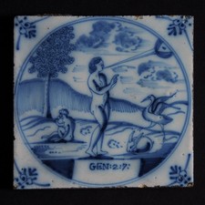 Antike Fliese Bibelfliese Kachel Gen:2:7 Delft Utrecht 18. / 19. Jhd. weiß blau