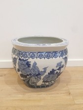 Große chinesische blau-weiße Fischschale/Übertopf/Jardiniere 36 cm hoch