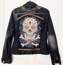 Jeansjacke, Upcycling Unikat, Skull, La Catrina, Dia de los Muertos, Gr. 40